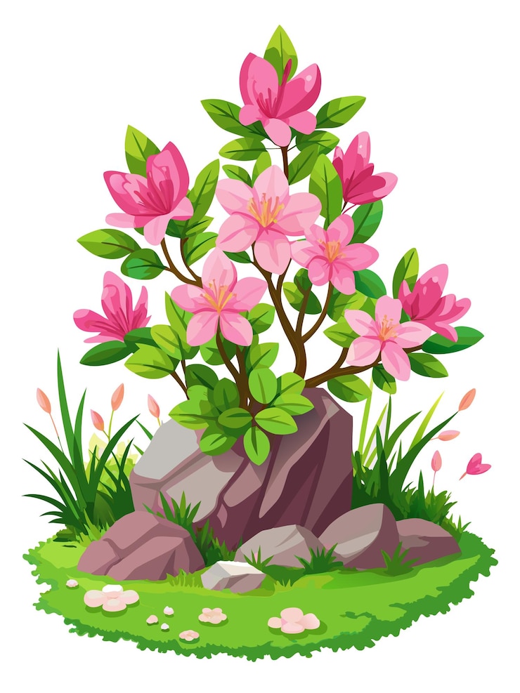 Vector bunga azalea dengan daun dan bunga merah muda terisolasi dengan latar belakang putih