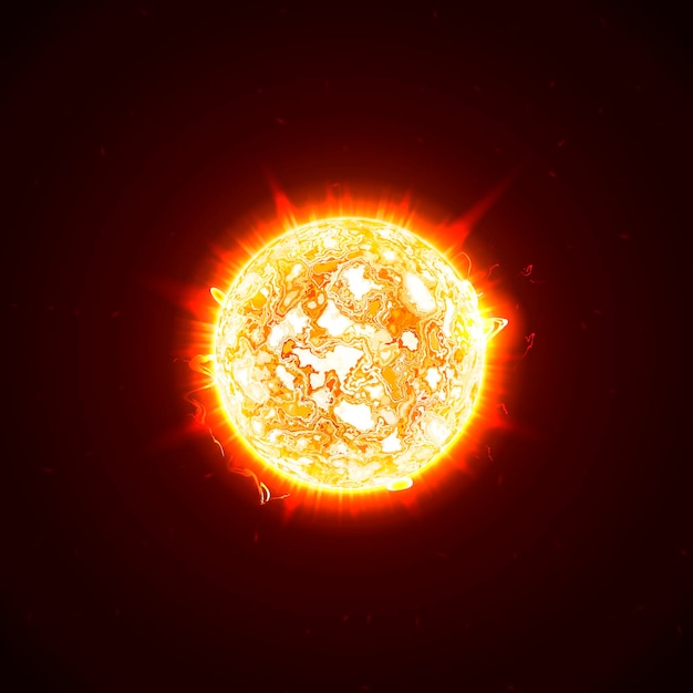Burning realistic 3D sun flashes glare flare sparks flames heat and fire rays Orange hot cosmic red planet on a black background vector illustration