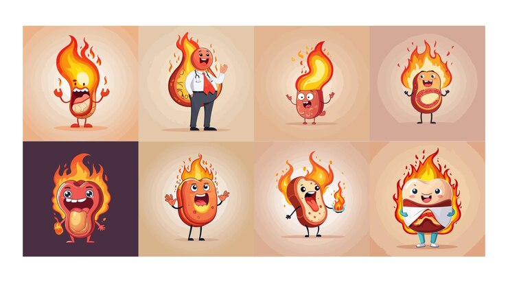 Burning stomach cartoon character vector illustration Unhealthy digestive human organ Health care nutrition emotion concept for banner or web design