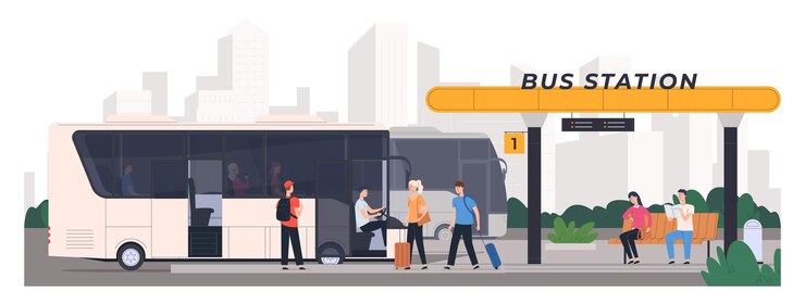 Vector bus stop public transport of people city and intercity bus transportation tourist trips vector