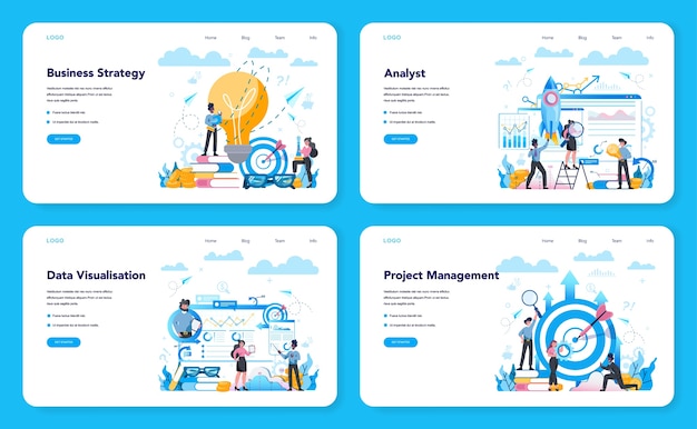 Business analyst web landing page set. Business strategy