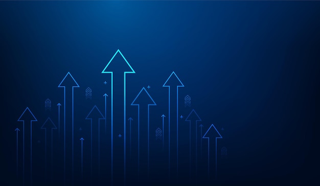 Business arrow up growth line circuit technology on dark blue background. business investment.
