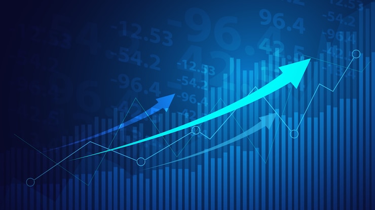 Business candle stick graph chart of stock market investment trading on blue background.