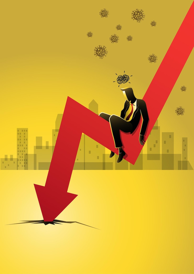 Vector business concept illustration of a stressed businessman sits down under downward arrow on chart