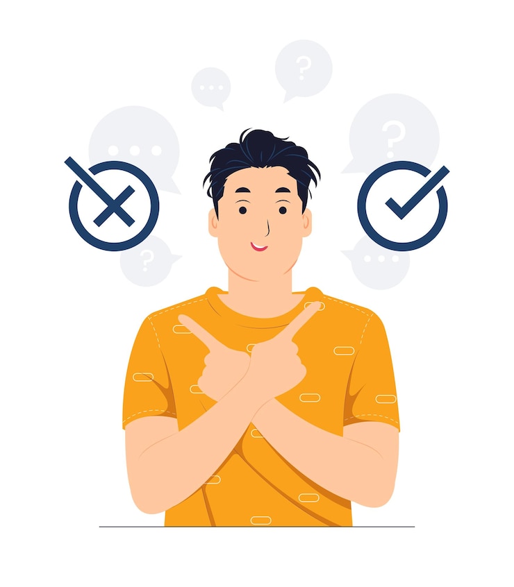 Vector business decisions, right or left, yes or no, ethical dilemma, choose, choice, undecided concept illustration
