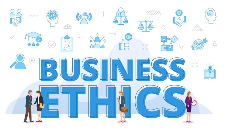 Vector business ethics concept with big words and people surrounded by related icon with blue color style
