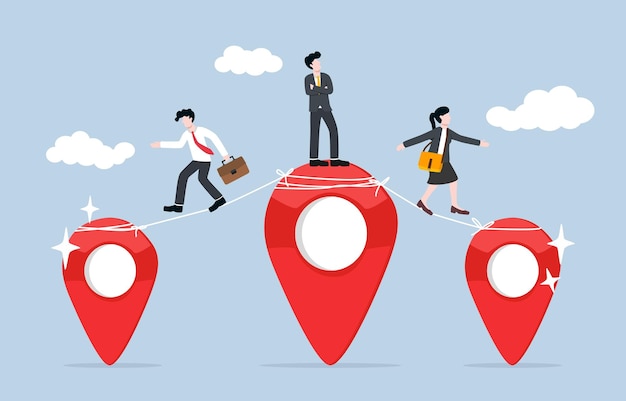 business expansion. entrepreneur sending employees to new various branch pins.
