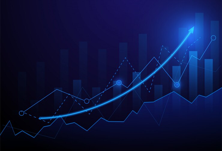 Business graph chart investment trading on blue background.