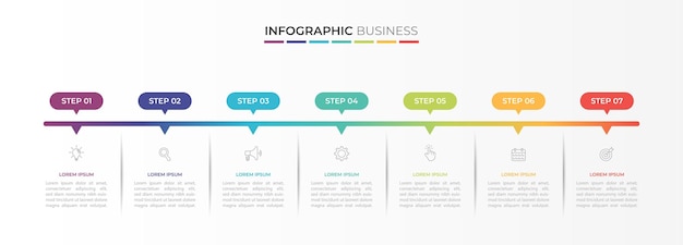 business infographic design with 6 7 parts or steps containing icons text numbers vector design
