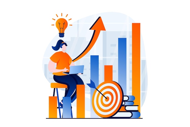 Business making concept with people scene in flat cartoon design Businesswoman develops business launch new project increases income and develops startup Vector illustration visual story for web