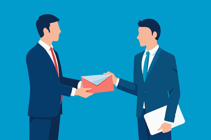 Vector business man giving financial reward in an envelope business letter extra salary to company employee male worker office hand received premium bonus getting cheque from boss