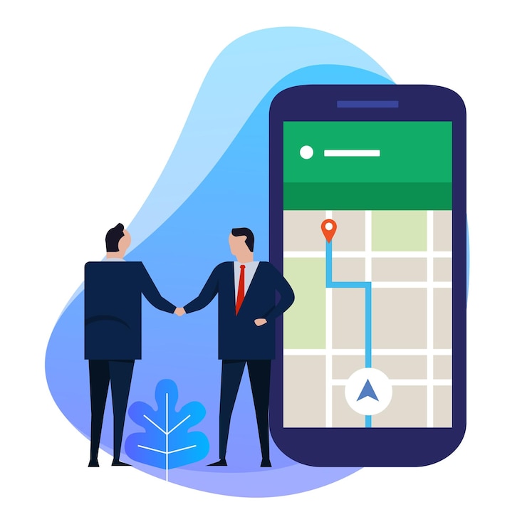 Vector business man hand shake with point on smartphone the concept of communication transportation navigation and travel