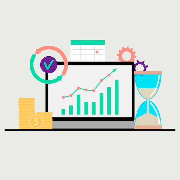 Business management and control Ascending chart on laptop validation date and milestones for development