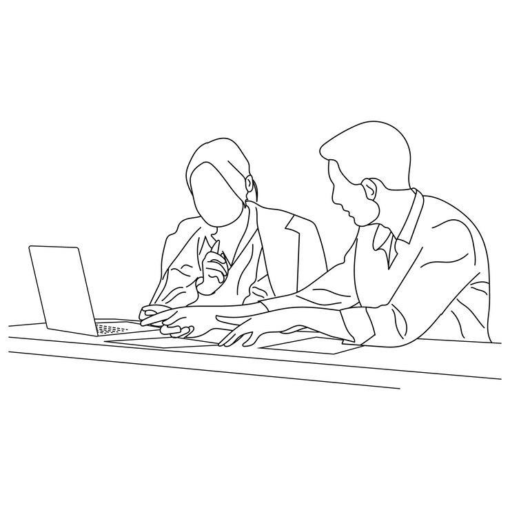 Vector business meeting discussion between workers in the office hand drawn vector illustration line art