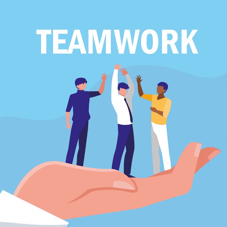 Vector business men teamwork in hand celebrating