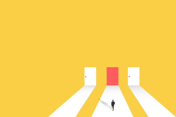 Vector business opportunity or career success vector concept with man choose the red door symbol of courage ambition having a goal inspiration