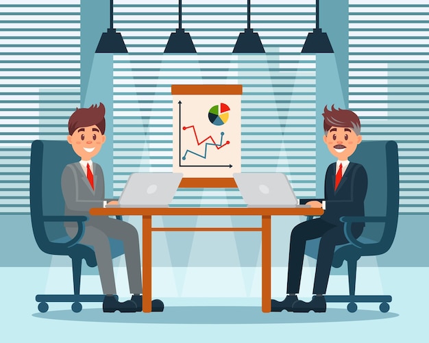 Business partners planning work and strategies productive partnership modern office interior vector Illustration cartoon style
