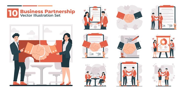 Business partnership concept illustration set showing agreement handshake profit sharing