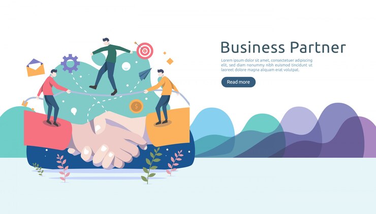 Vector business partnership relation with hand shake and tiny people character. teamwork concept.