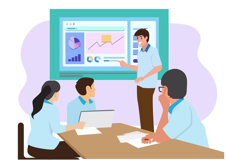 Vector business people and teamwork concept  group of smiling businesspeople meeting on presentation in office flat style cartoon illustration vector
