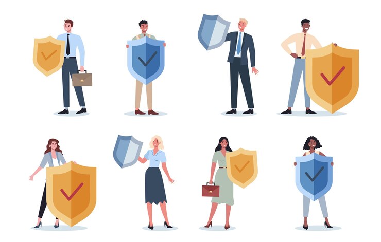 Vector business people wearing formal suit holding a shield set. business secure and protection concept. 