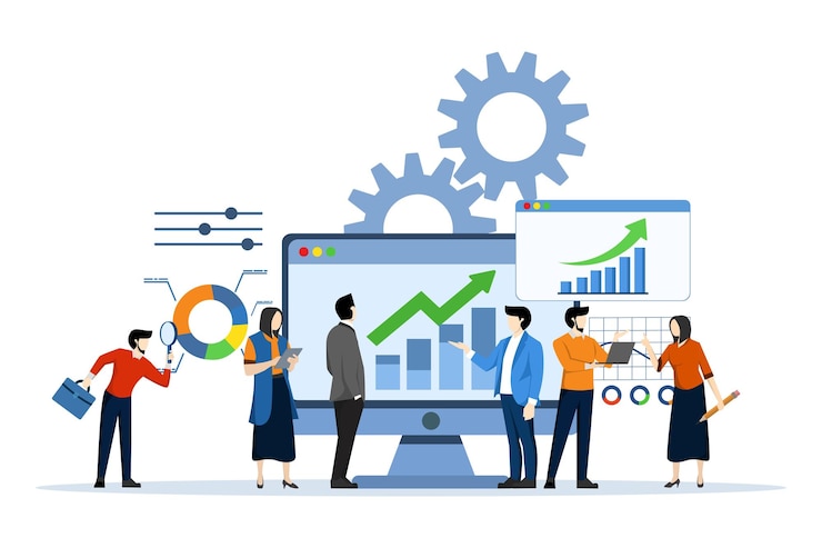 Vector business performance data analysis concept vector illustration with marketing research chart