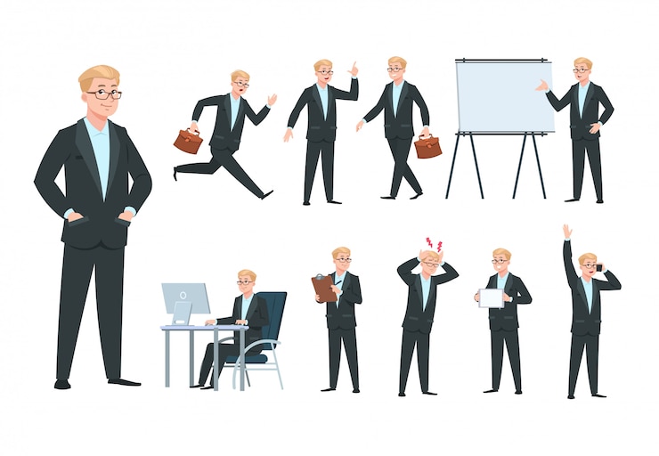 Vector business person. businessman character, professional worker in different office business activity. cartoon isolated collection