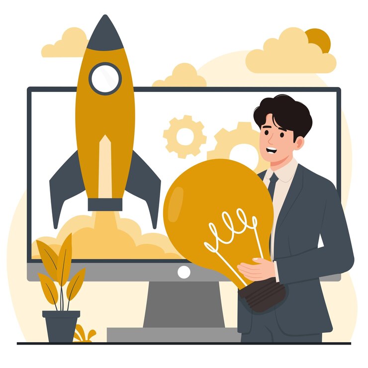Vector business startup concept illustration featuring professionals working innovative ideas with rocket