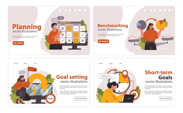 Business strategy set navigating through planning and benchmarking expert analyzing data setting
