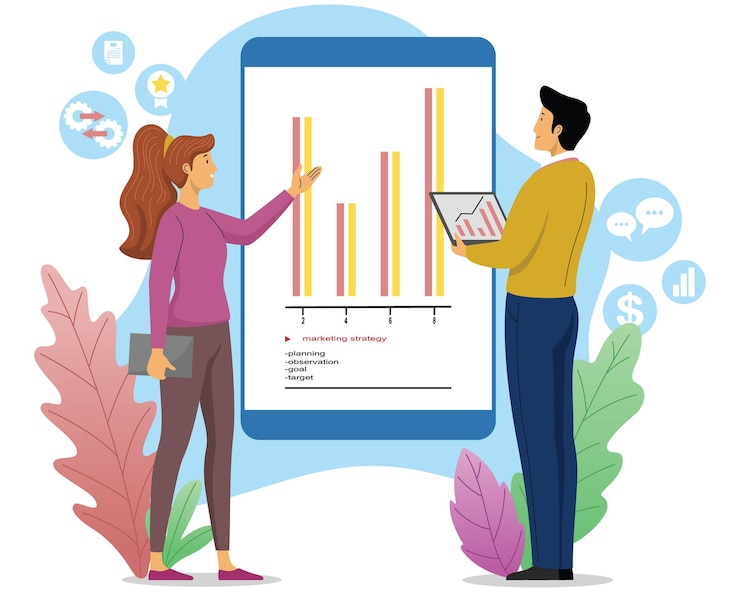 Vector business team analyzing marketing data on a smartphone