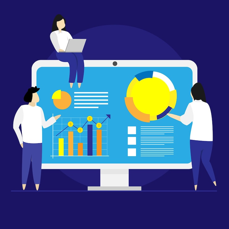 Vector business women manage finance and working on project using diagram work from home with modern devic