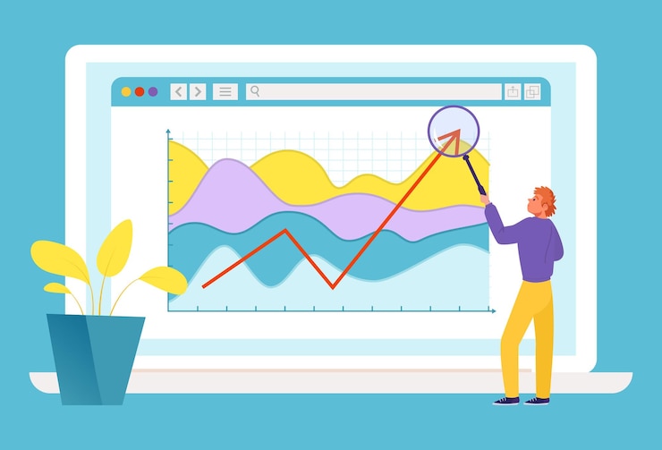 Vector businessman analyzing data graph on computer screen man with magnifying glass examining chart data