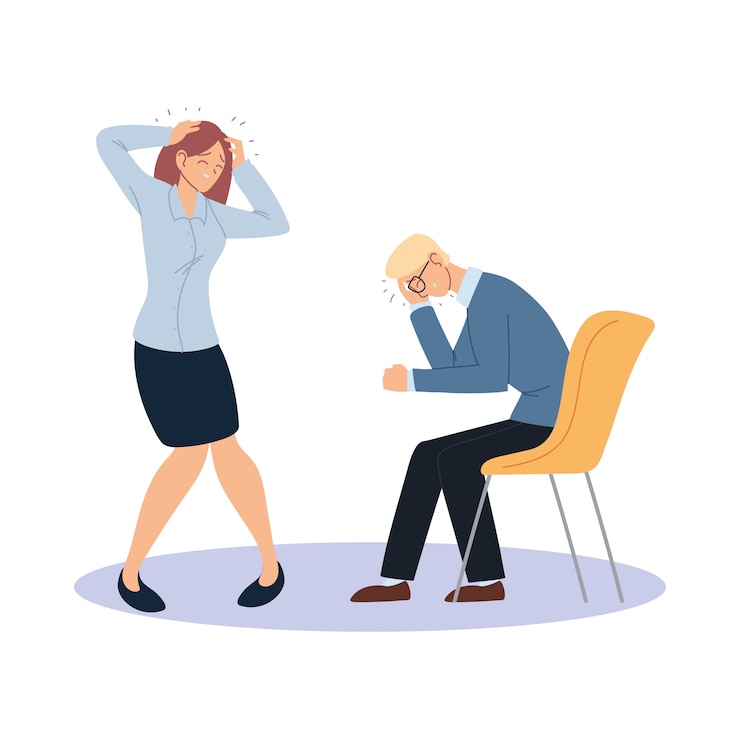 Vector businessman and businesswoman cartoons with headache on chair vector