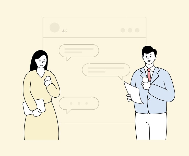 businessman and woman communicating through messenger illustration set talk mobile contact message