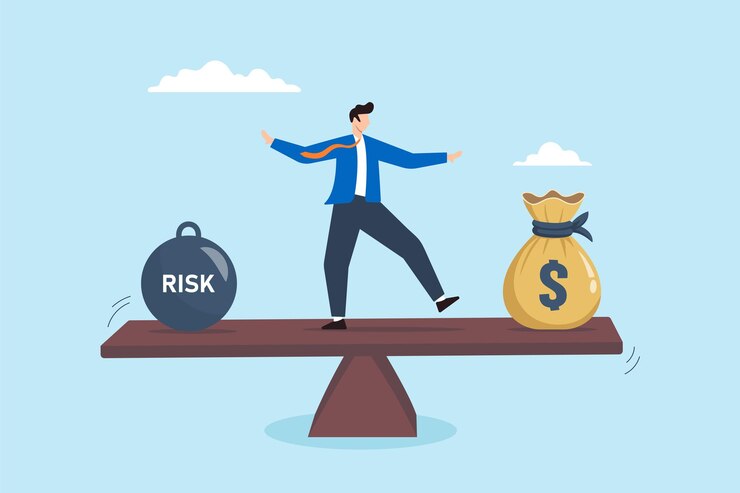 Businessman balancing on seesaw between risk and money bag reward concept management investment