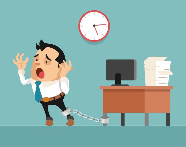Vector businessman chained to the desk illustration