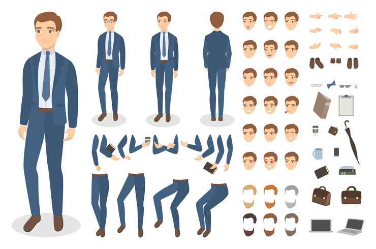 Vector businessman character set with poses and emotions.