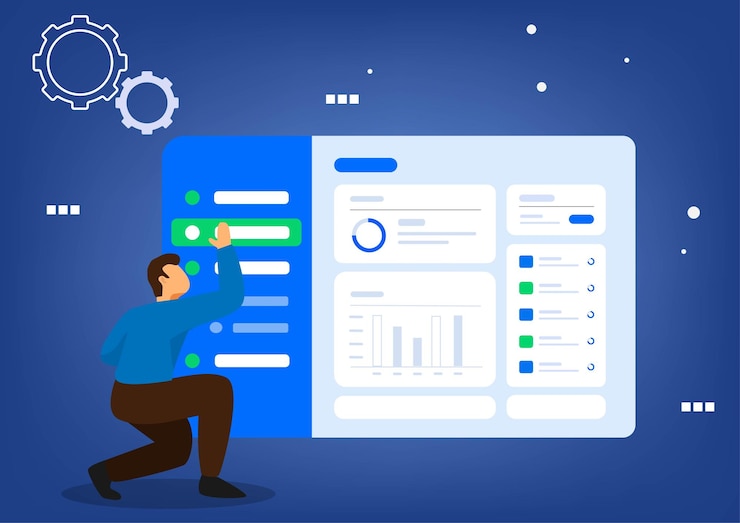 Vector businessman checking his successful work with business process icons and infographics on the background business charts and diagrams vector illustration