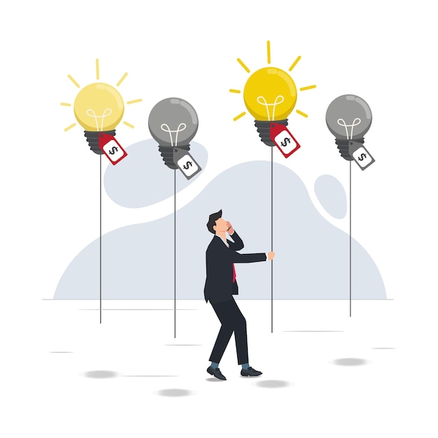 Businessman chooses the brightest light bulb of all Human resources selecting process vector illustration
