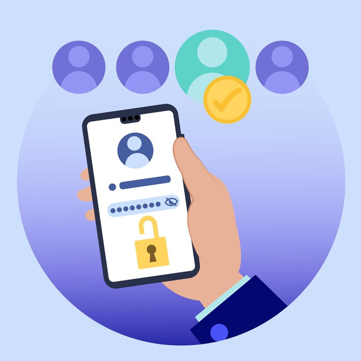 Vector businessman choosing correct user profile for secure login on mobile phone