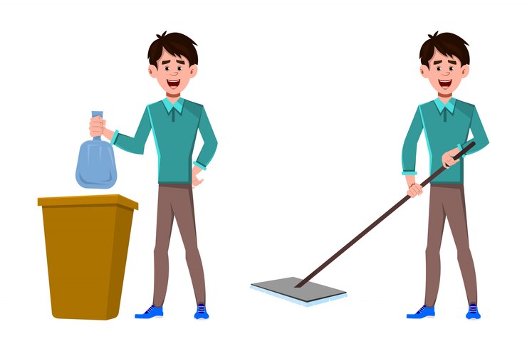 Vector businessman cleaning floor and put bag of garbage in the trash