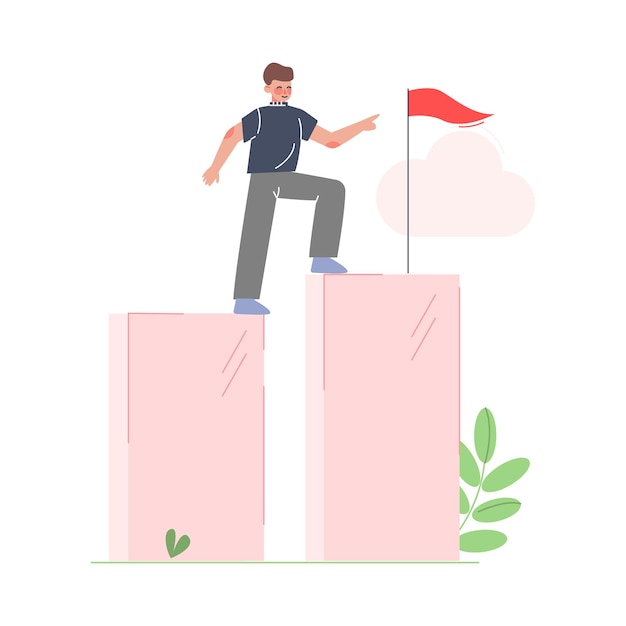 businessman climbing up to the goal on column of columns moving up motivation business concept cartoon vector illustration
