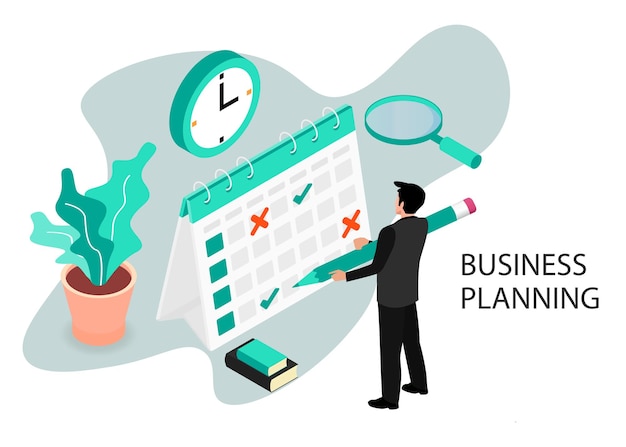 Businessman completes a calendar Business Planning Isometric projection Modern style in green color