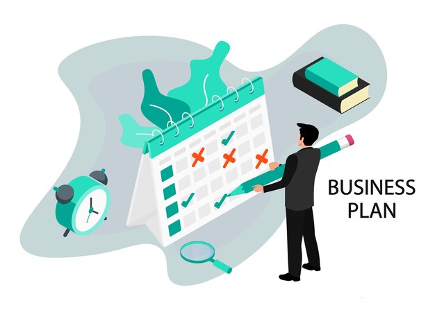 Businessman completes a calendar Business Planning Isometric projection Modern style in green color