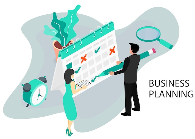 Businessman completes a calendar Business Planning Isometric projection Modern style in green color