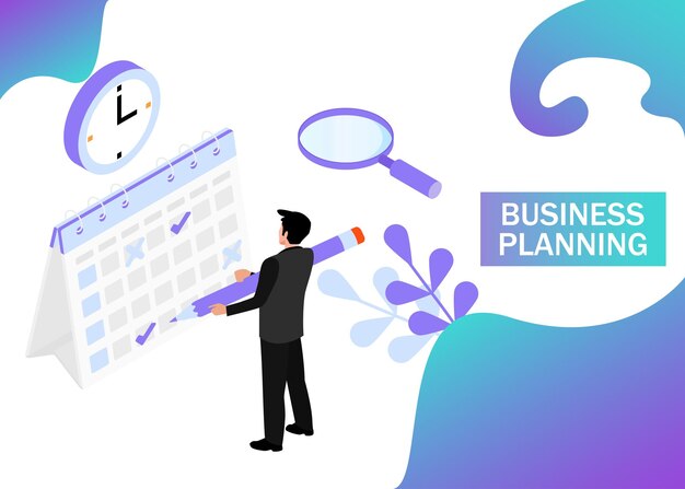 businessman completes a calendar business planning isometric projection modern style in violet color vector illustration