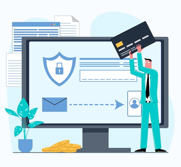 businessman conducts secure payment from computer with card and sms verification