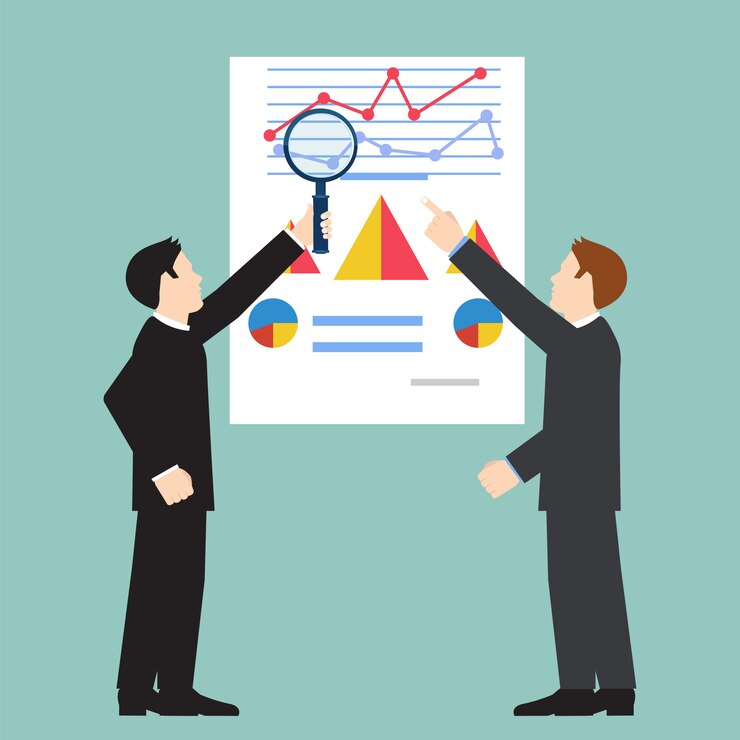 Vector businessman examining economic statistic, web analytics. financial examiner. vector illustration.