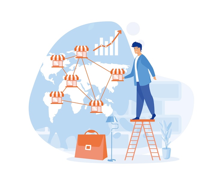 Vector businessman hand put franchise store on world map franchise business concept