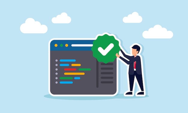 Businessman holding checkmark beside programming interface illustrating business application system validation